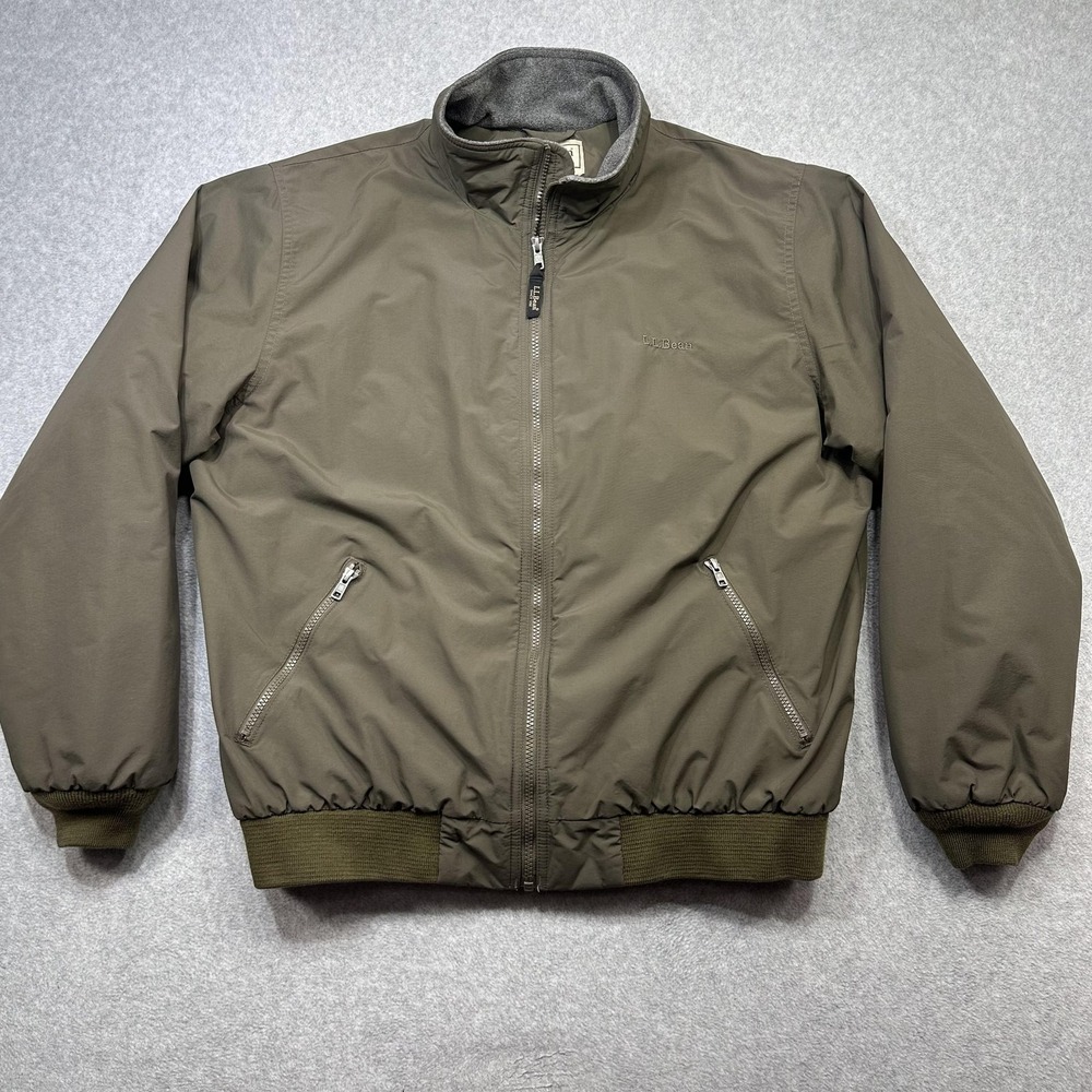 LL Bean Warm Up Jacket Mens Large Green Nylon Fleece Lined Bomber Zip Outdoor